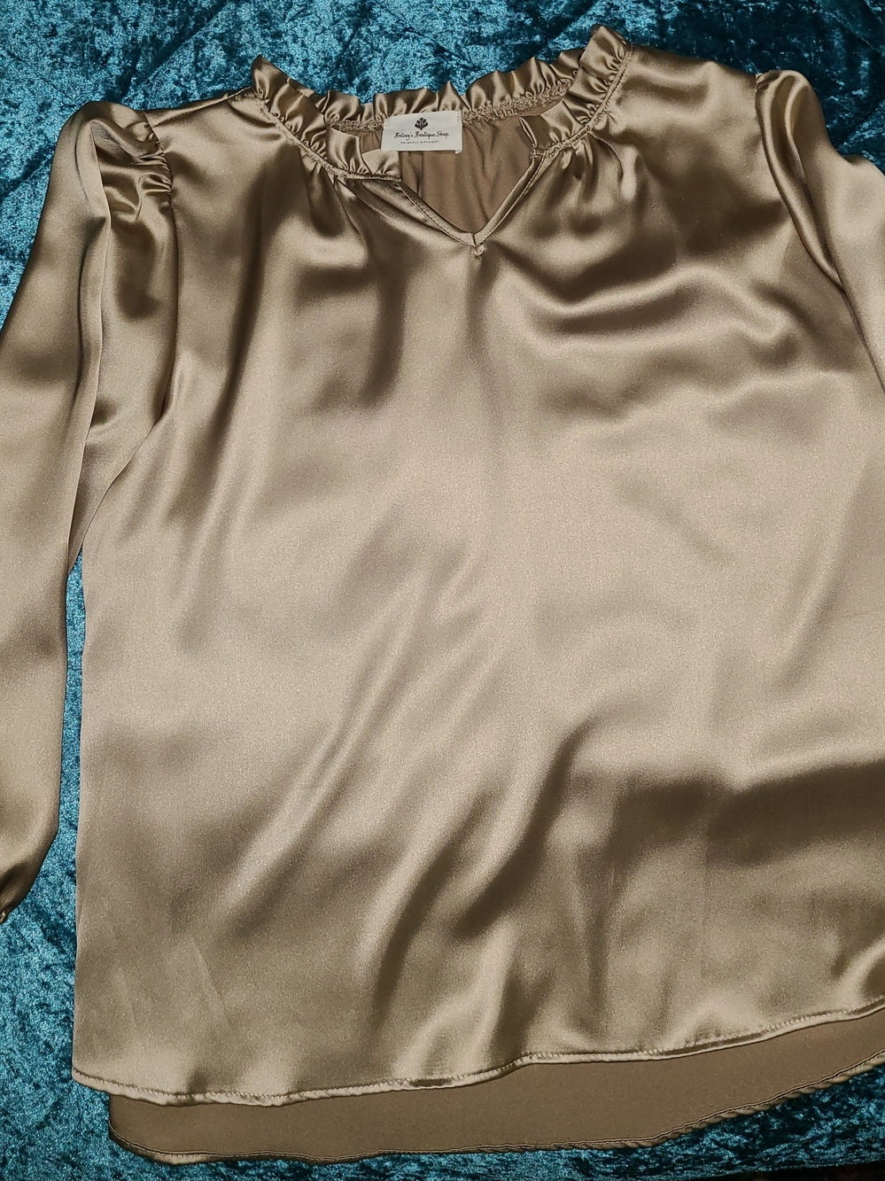 White Fox Boutique Satin Ruffle V-Neck Blouse — Taupe